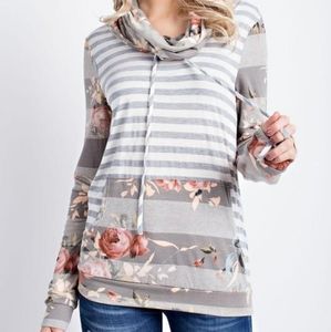 12 PM By MON Ami Floral & Stripes Cowl Neck Sweatshirt Size XL NWT